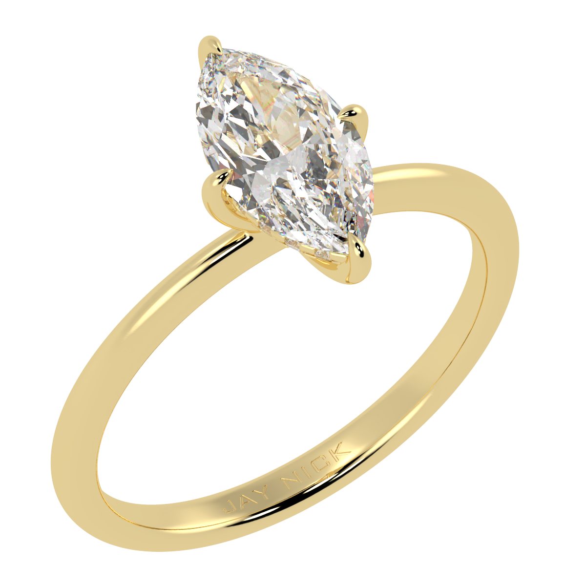 Marquise Cut Hidden Halo Ring in yellow gold, perspective view
