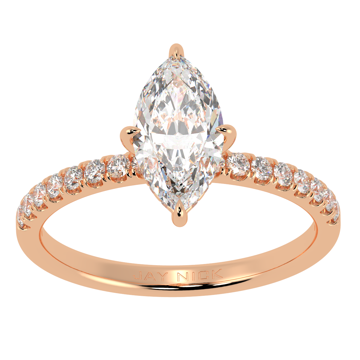 Marquise Cut Studded Hidden Halo Ring in rose gold, top view