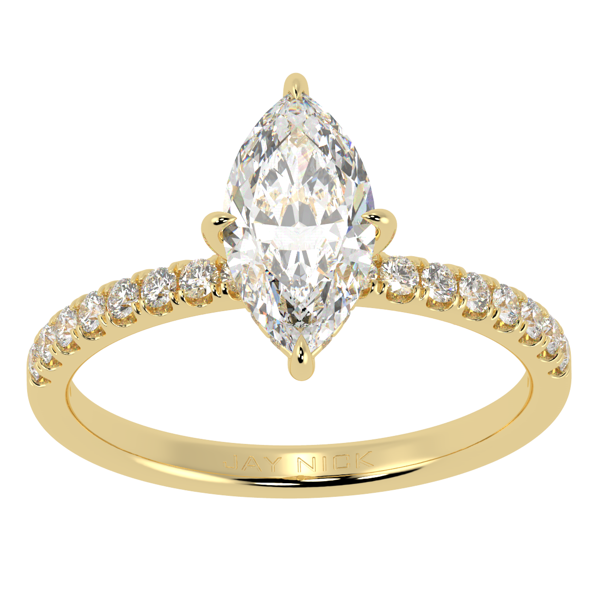 Marquise Cut Studded Hidden Halo Ring in yellow gold, top view