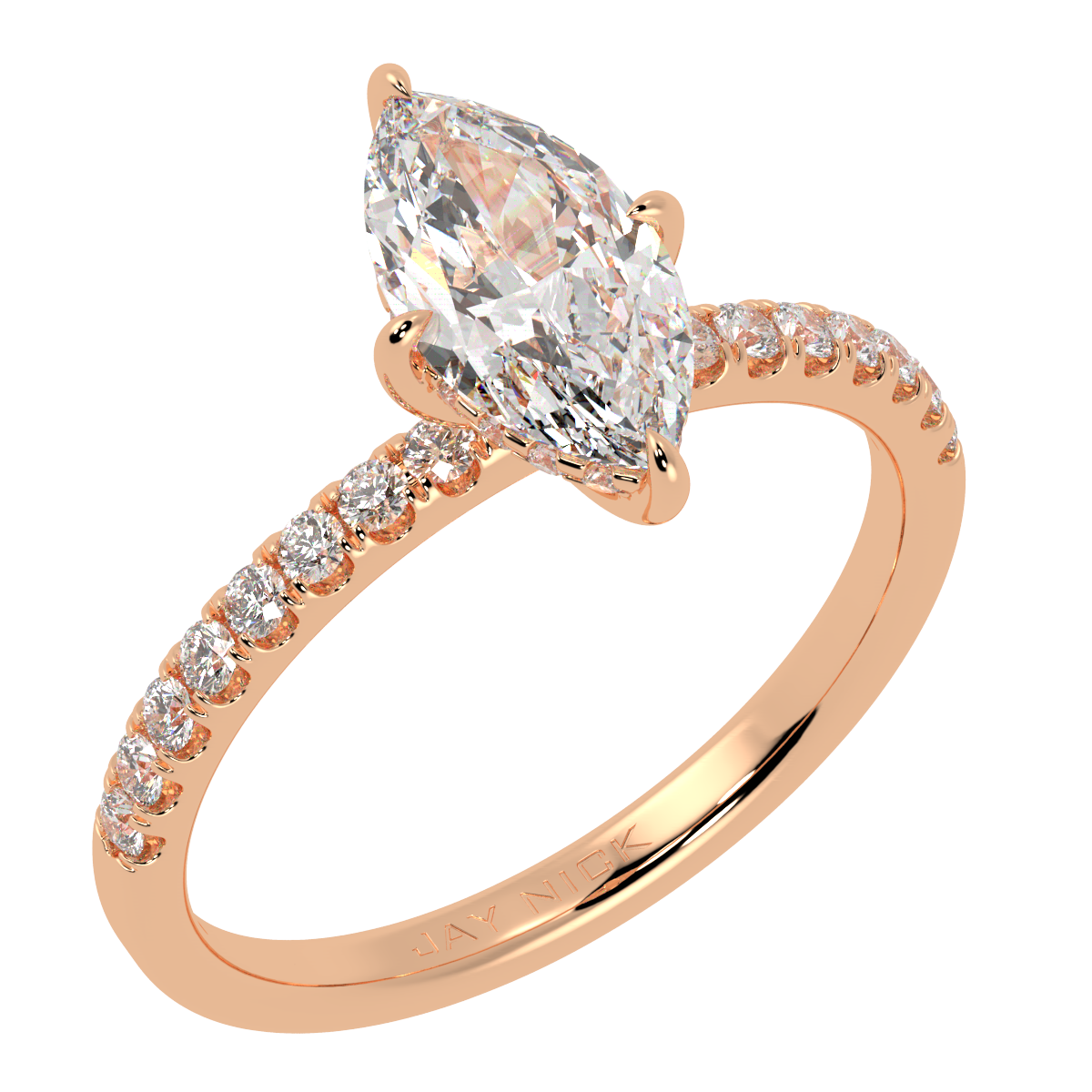 Marquise Cut Studded Hidden Halo Ring in rose gold, perspective view