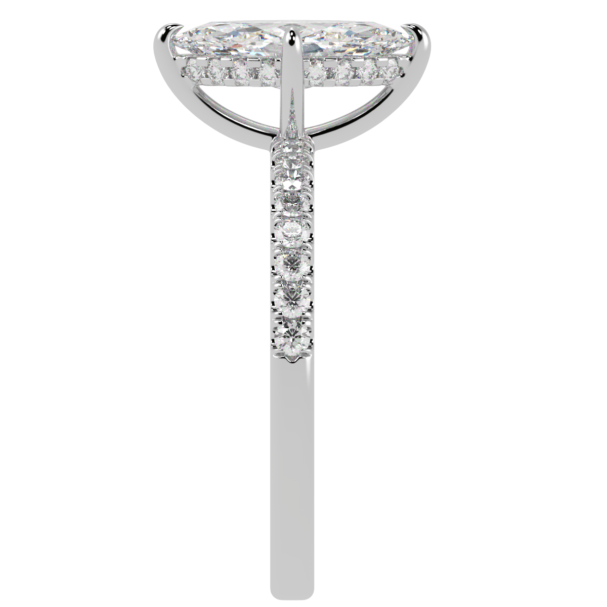 Marquise Cut Studded Hidden Halo Ring in white gold or platinum, side view