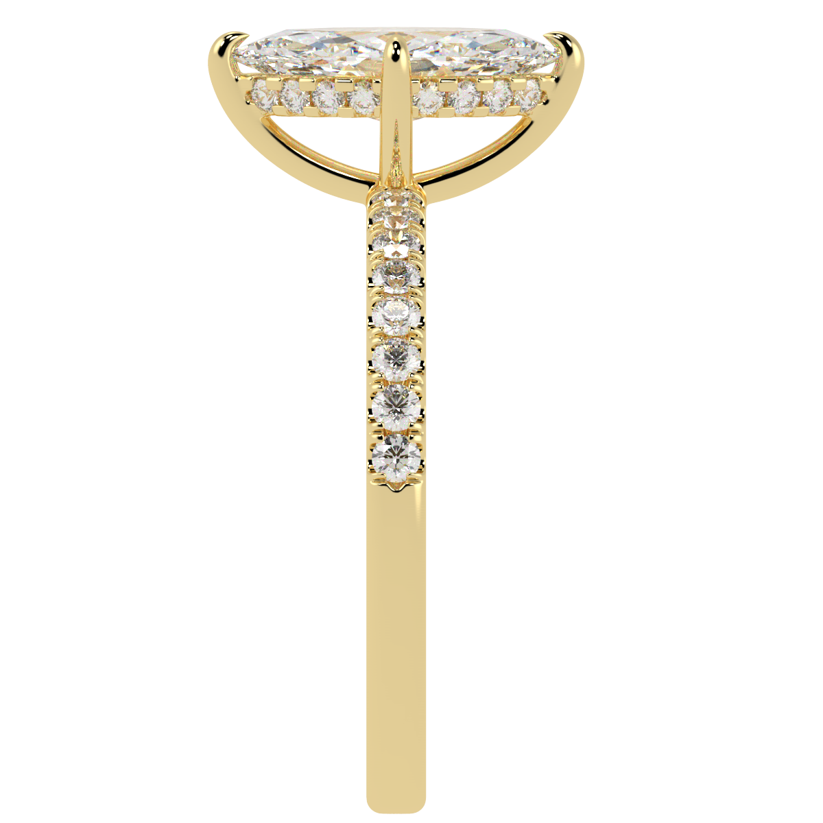 Marquise Cut Studded Hidden Halo Ring in yellow gold, side view