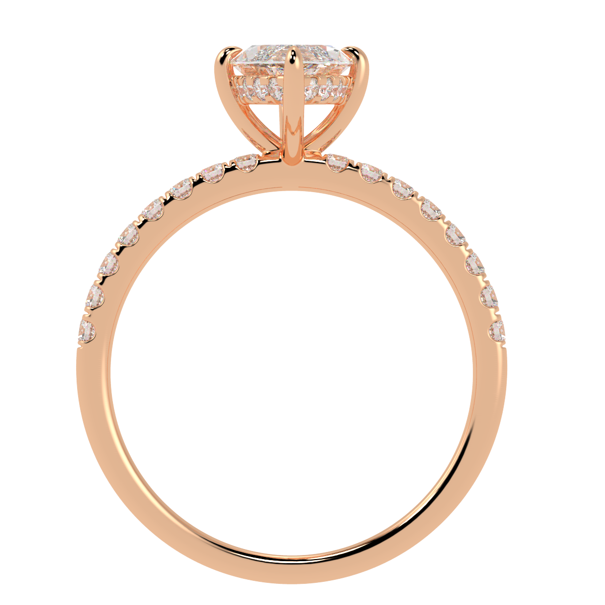 Marquise Cut Studded Hidden Halo Ring in rose gold, flat view