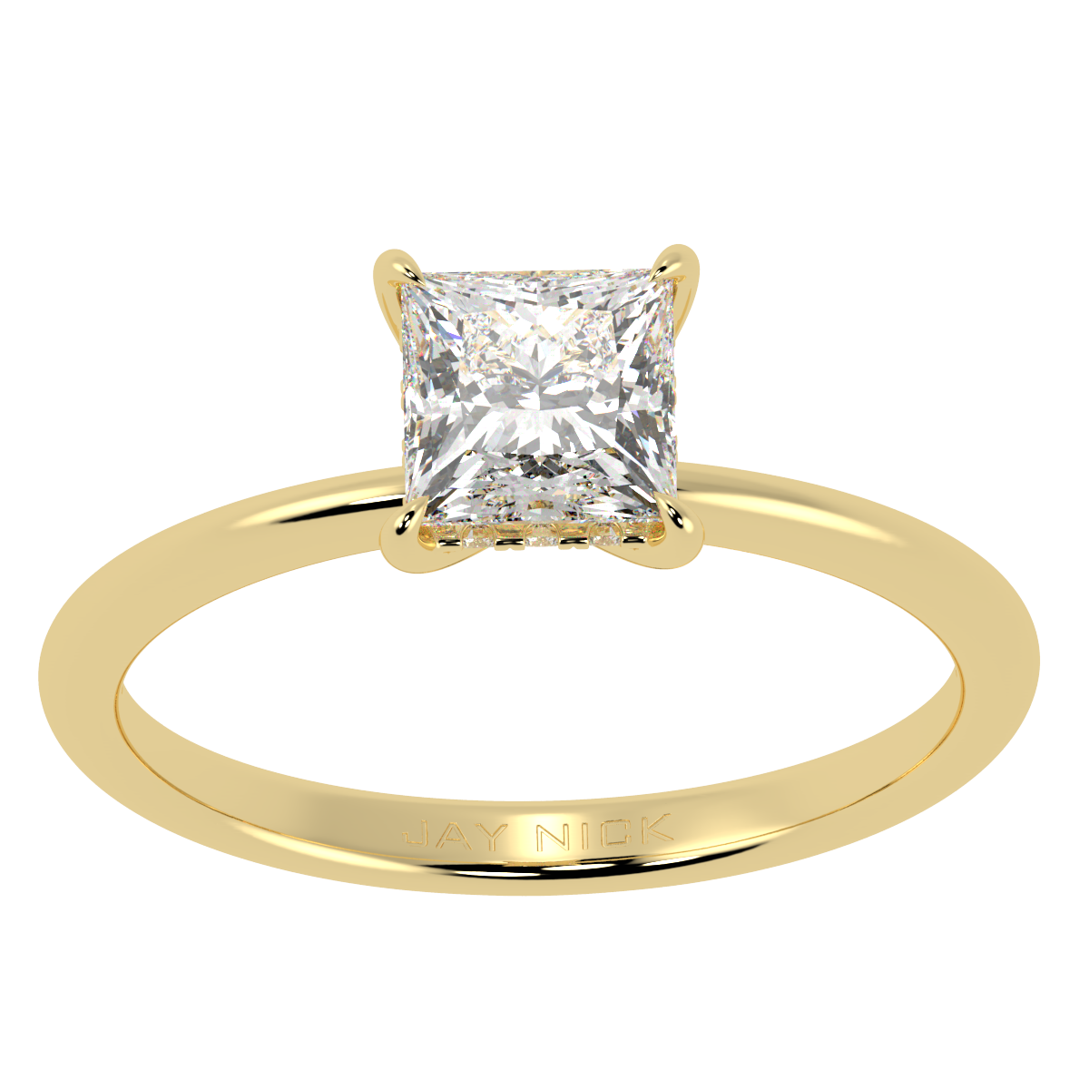 Princess Cut Hidden Halo Ring in yellow gold, top view