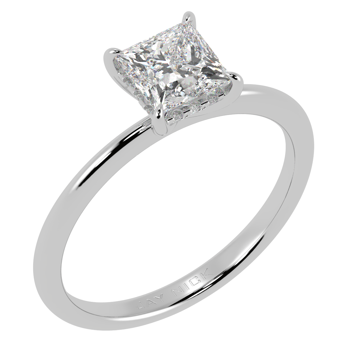 Princess Cut Hidden Halo Ring in white gold or platinum, perspective view