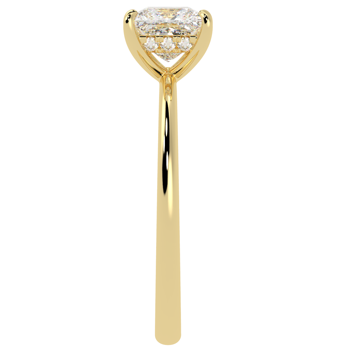 Princess Cut Hidden Halo Ring in yellow gold, side view