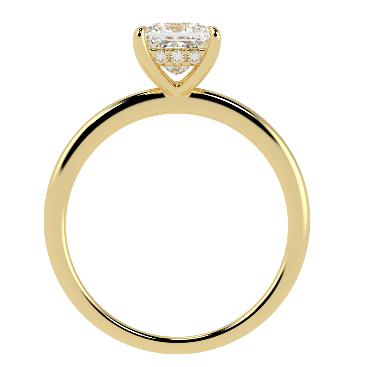 Princess Cut Hidden Halo Ring in yellow gold, flat view