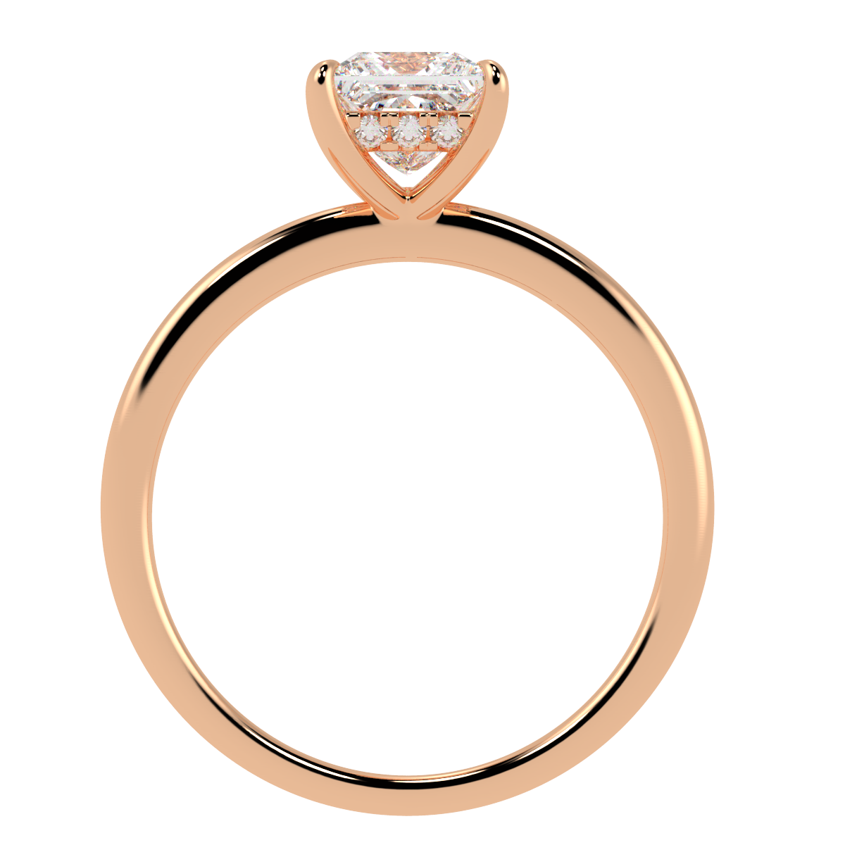 Princess Cut Hidden Halo Ring in rose gold, flat view