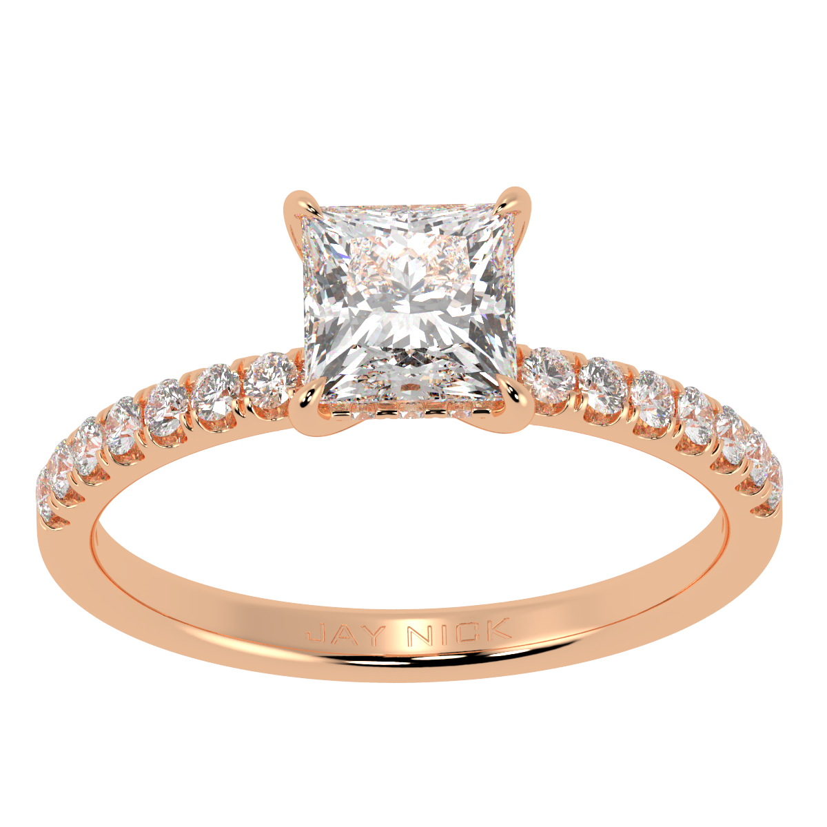 Princess Cut Studded Hidden Halo Ring in rose gold, top view