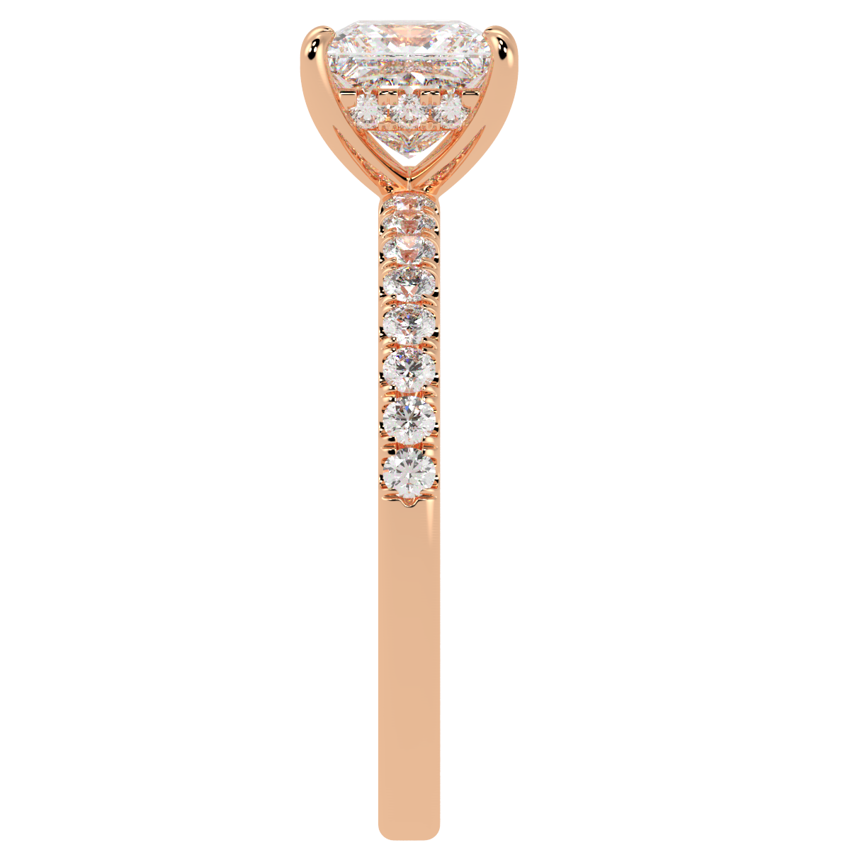 Princess Cut Studded Hidden Halo Ring in rose gold, side view