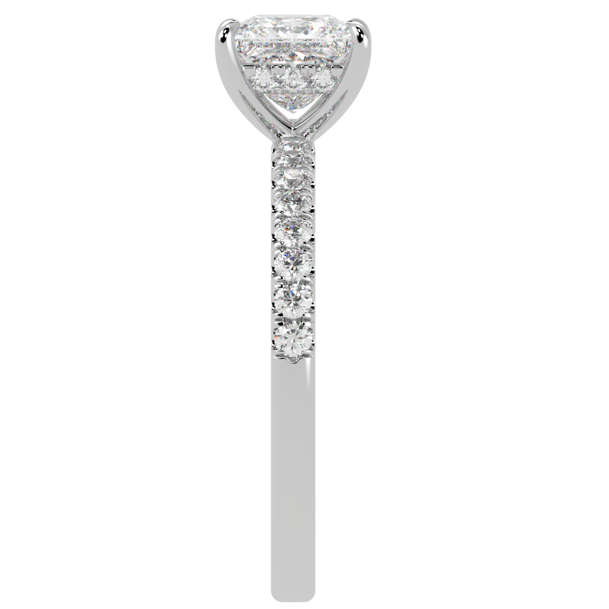 Princess Cut Studded Hidden Halo Ring in white gold or platinum, side view