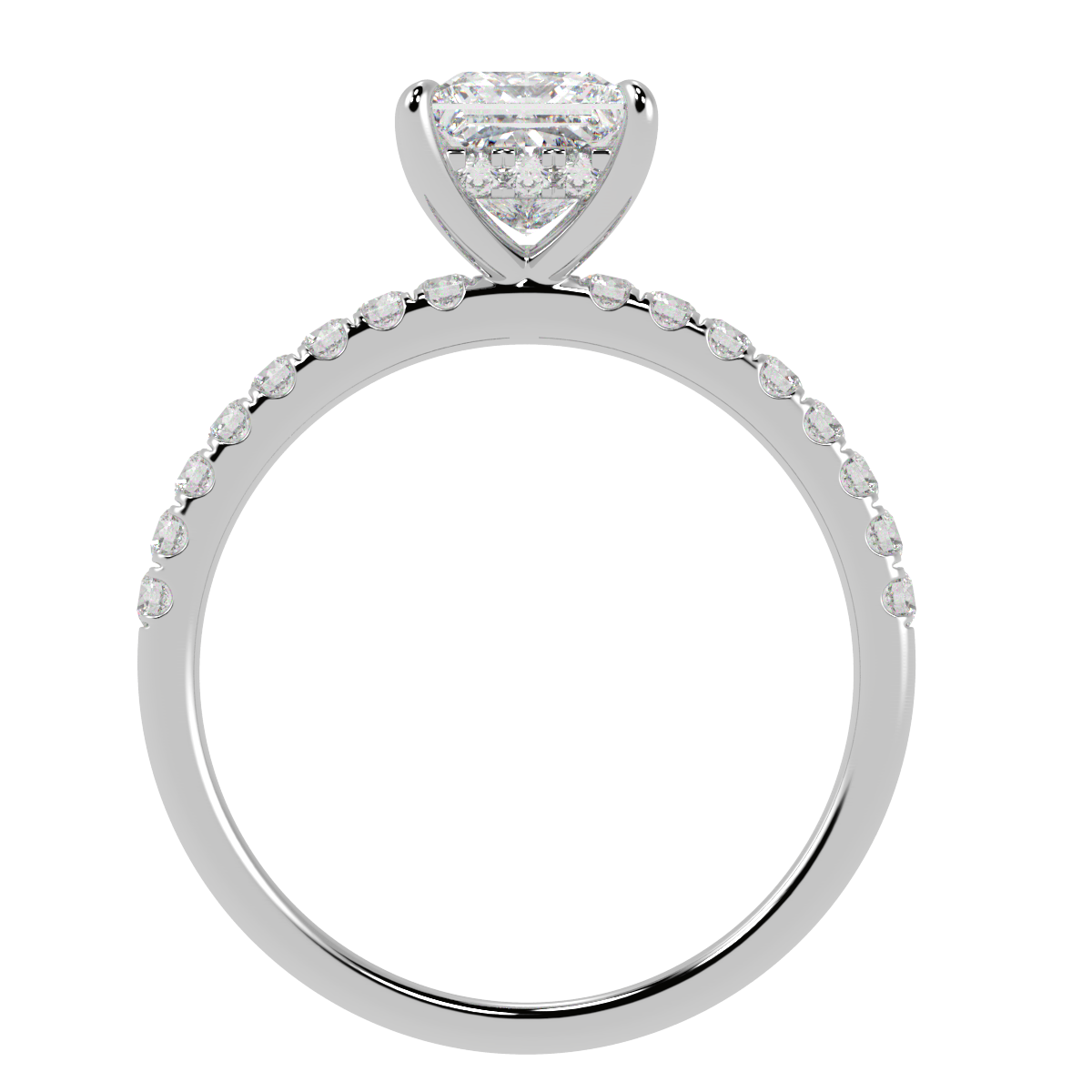 Princess Cut Studded Hidden Halo Ring in white gold or platinum, flat view