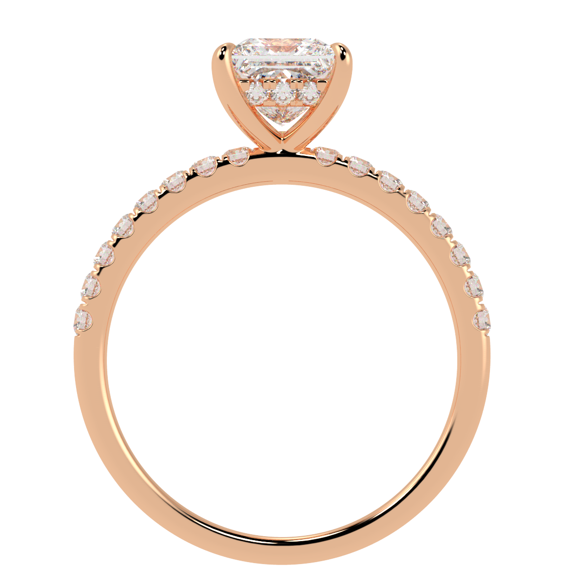 Princess Cut Studded Hidden Halo Ring in rose gold, flat view