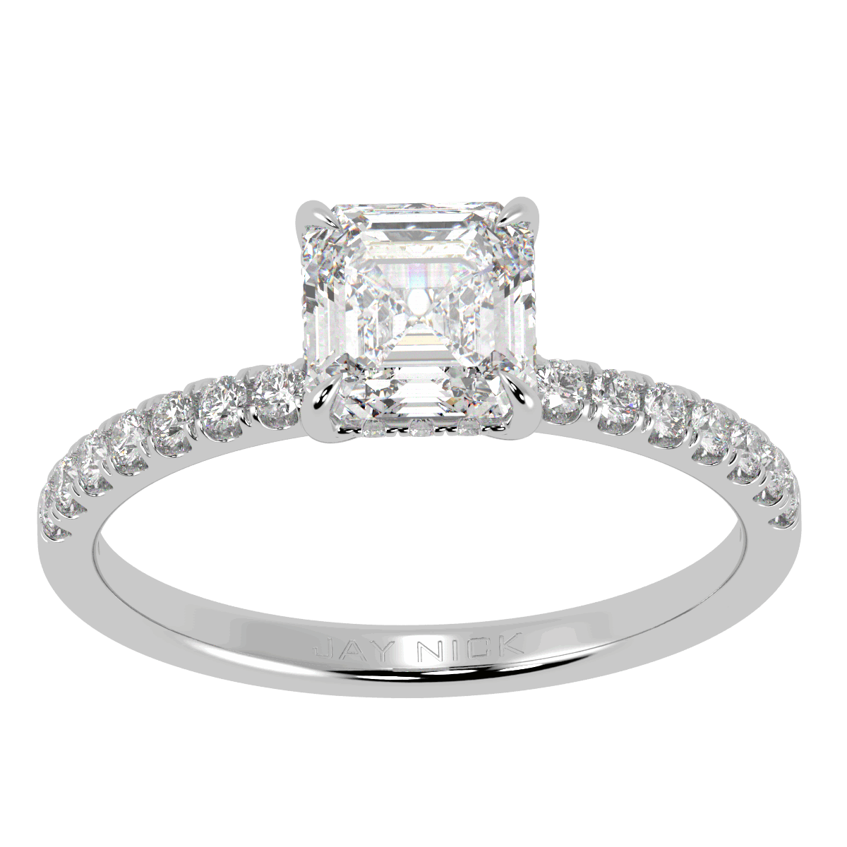 Asscher Cut Studded Hidden Halo Ring in white gold or platinum, top view