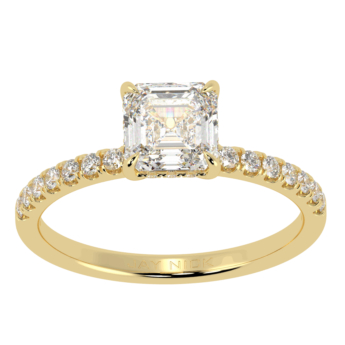 Asscher Cut Studded Hidden Halo Ring in yellow gold, top view