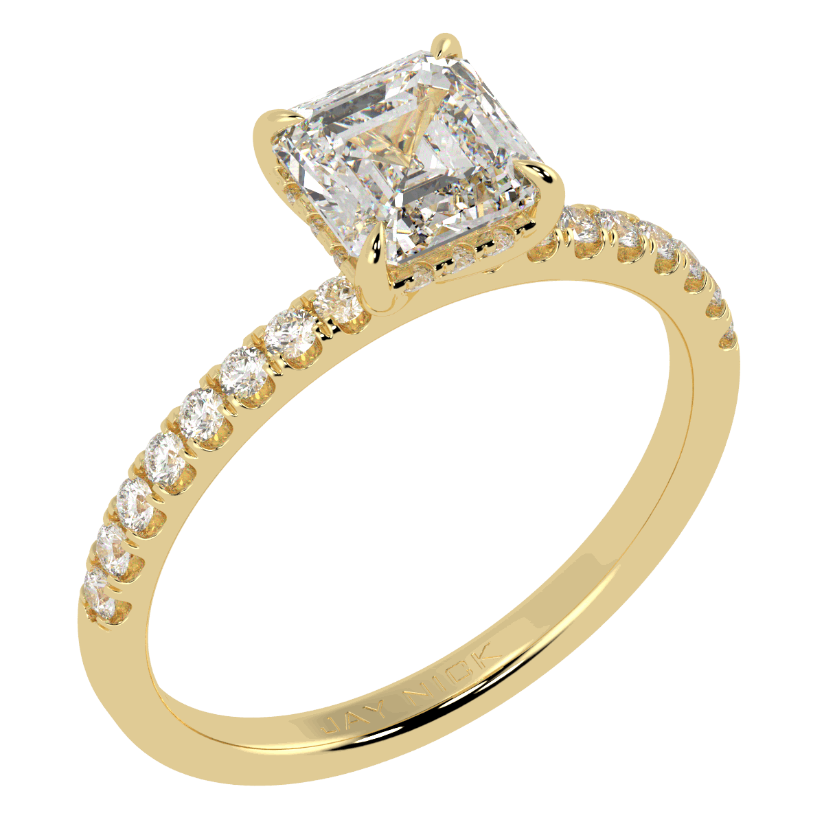 Asscher Cut Studded Hidden Halo Ring in yellow gold, perspective view