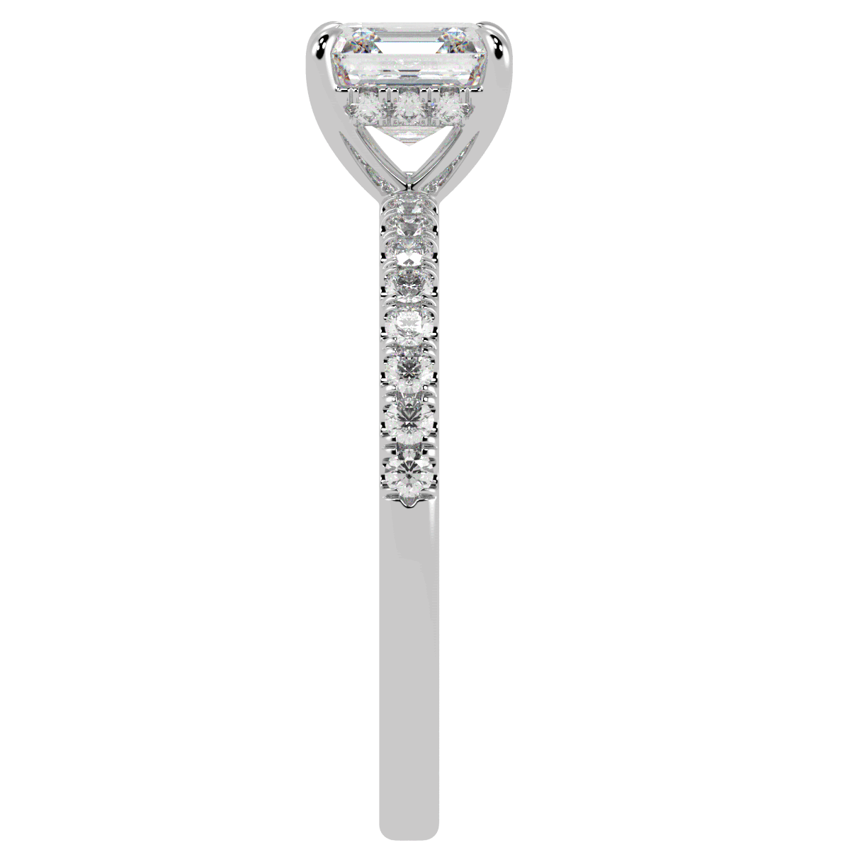 Asscher Cut Studded Hidden Halo Ring in white gold or platinum, side view