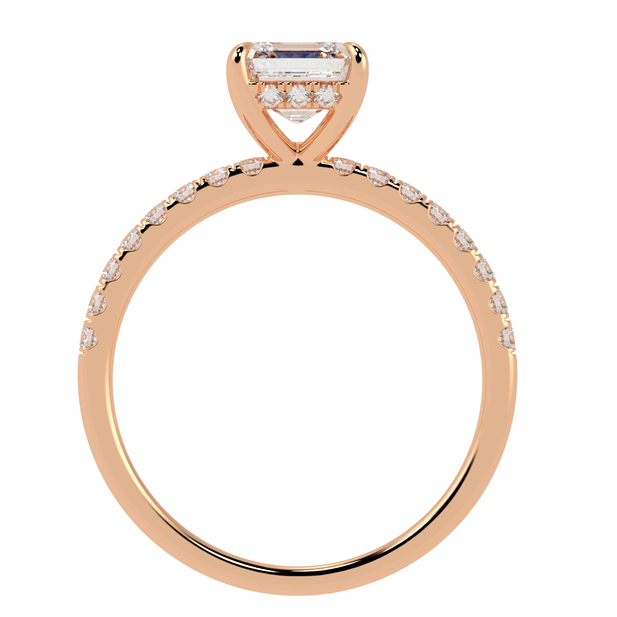 Asscher Cut Studded Hidden Halo Ring in rose gold, flat view