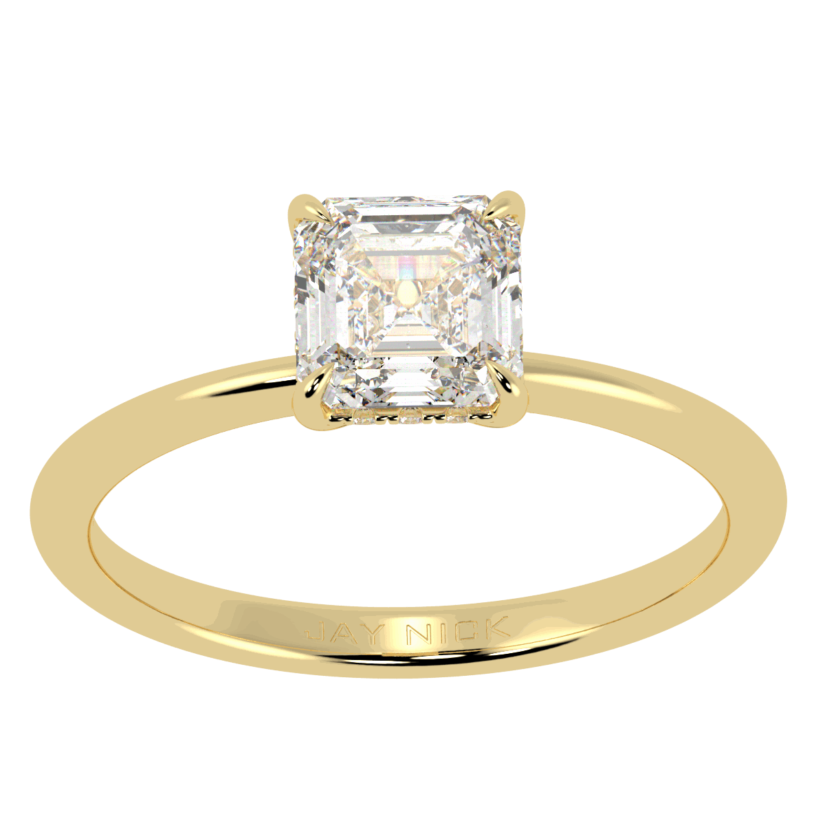 Asscher Cut Hidden Halo Ring in yellow gold, top view