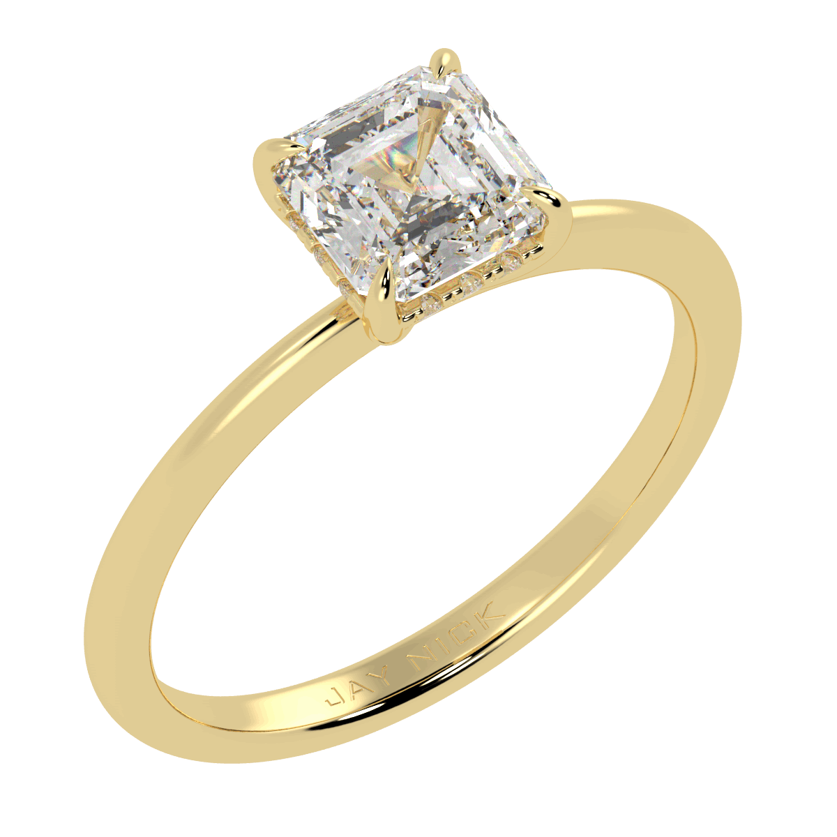 Asscher Cut Hidden Halo Ring in yellow gold, perspective view