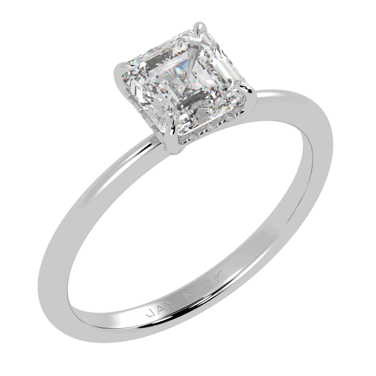 Asscher Cut Hidden Halo Ring in white gold or platinum, perspective view
