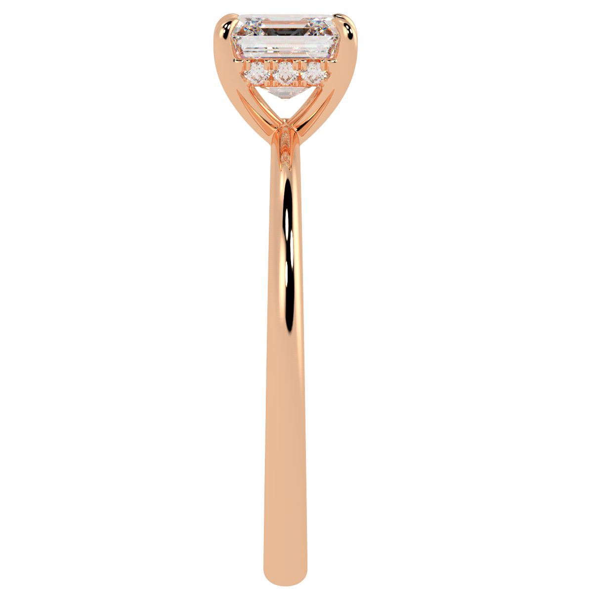 Asscher Cut Hidden Halo Ring in rose gold, side view