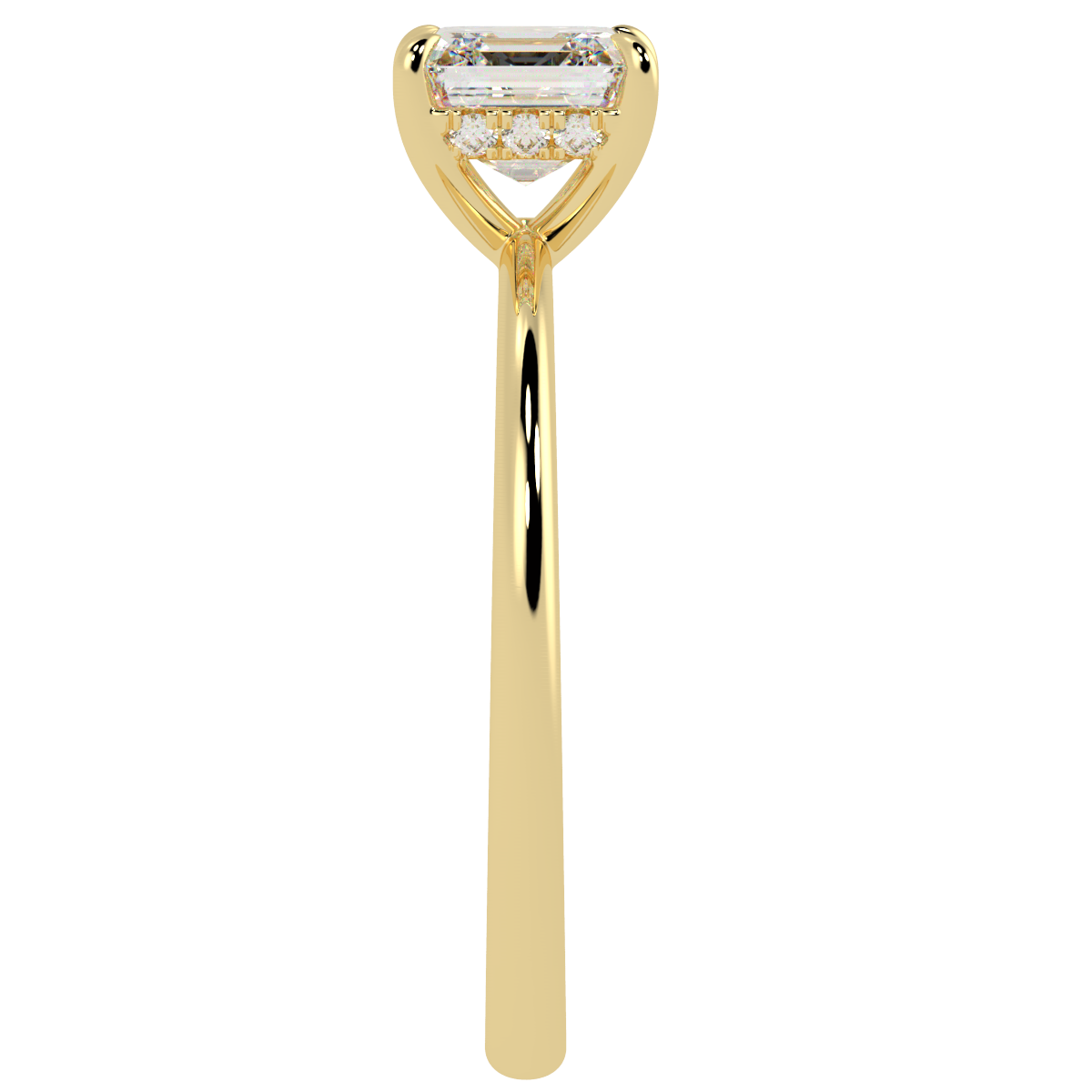 Asscher Cut Hidden Halo Ring in yellow gold, side view