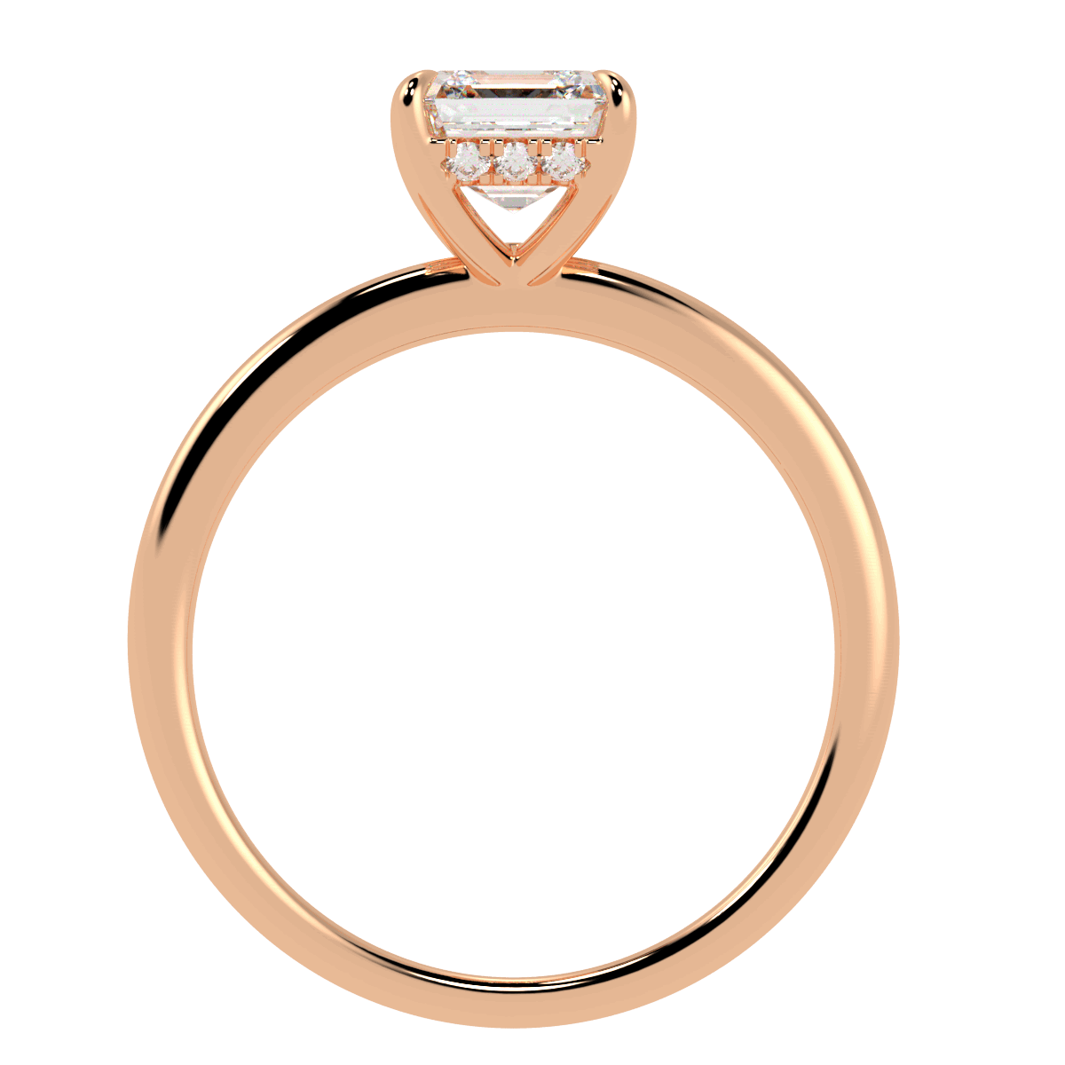 Asscher Cut Hidden Halo Ring in rose gold, flat view