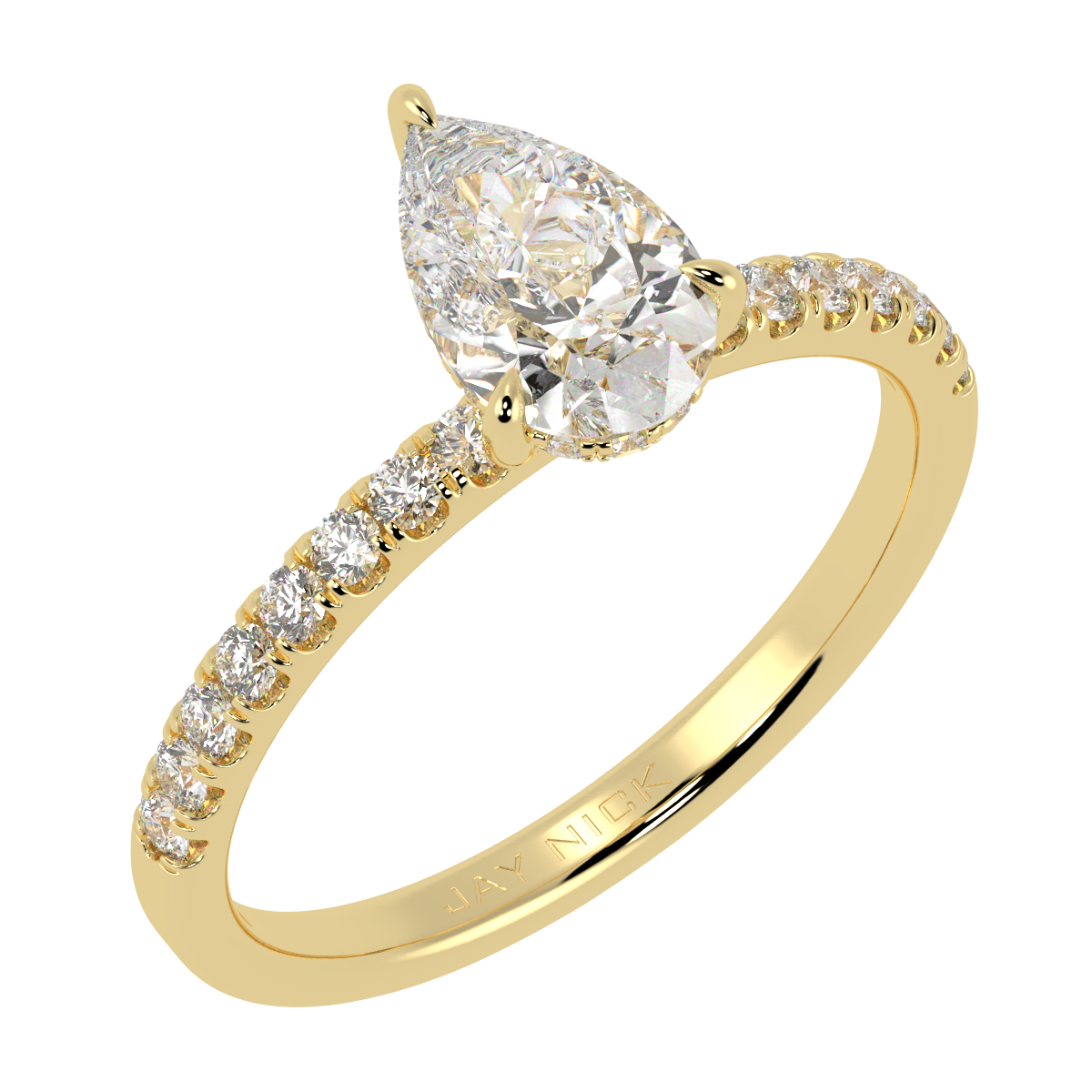Pear Cut Studded Hidden Halo Ring in yellow gold, perspective view
