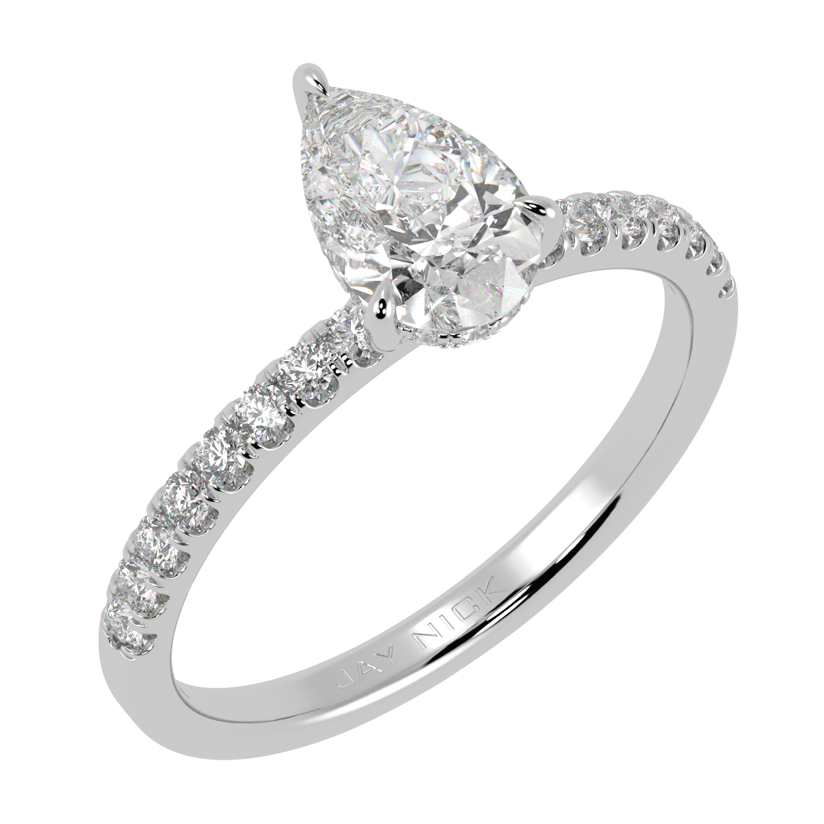 Pear Cut Studded Hidden Halo Ring in white gold or platinum, perspective view