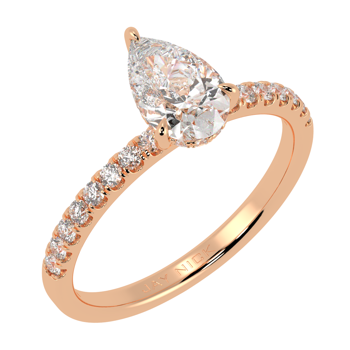 Pear Cut Studded Hidden Halo Ring in rose gold, perspective view