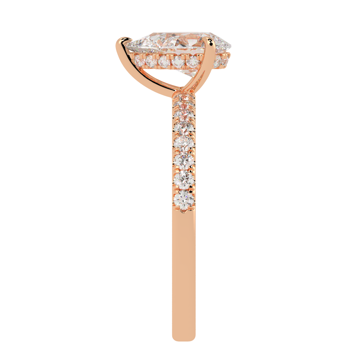 Pear Cut Studded Hidden Halo Ring in rose gold, side view