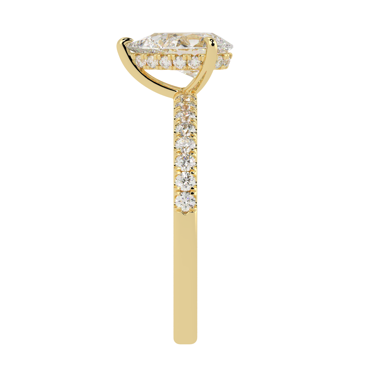 Pear Cut Studded Hidden Halo Ring in yellow gold, side view
