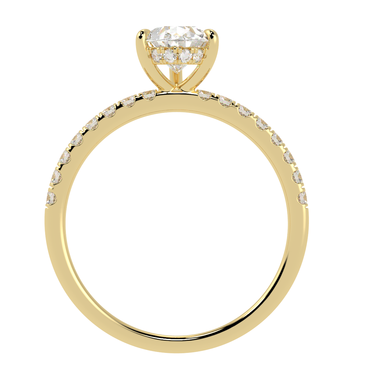 Pear Cut Studded Hidden Halo Ring in yellow gold, flat view