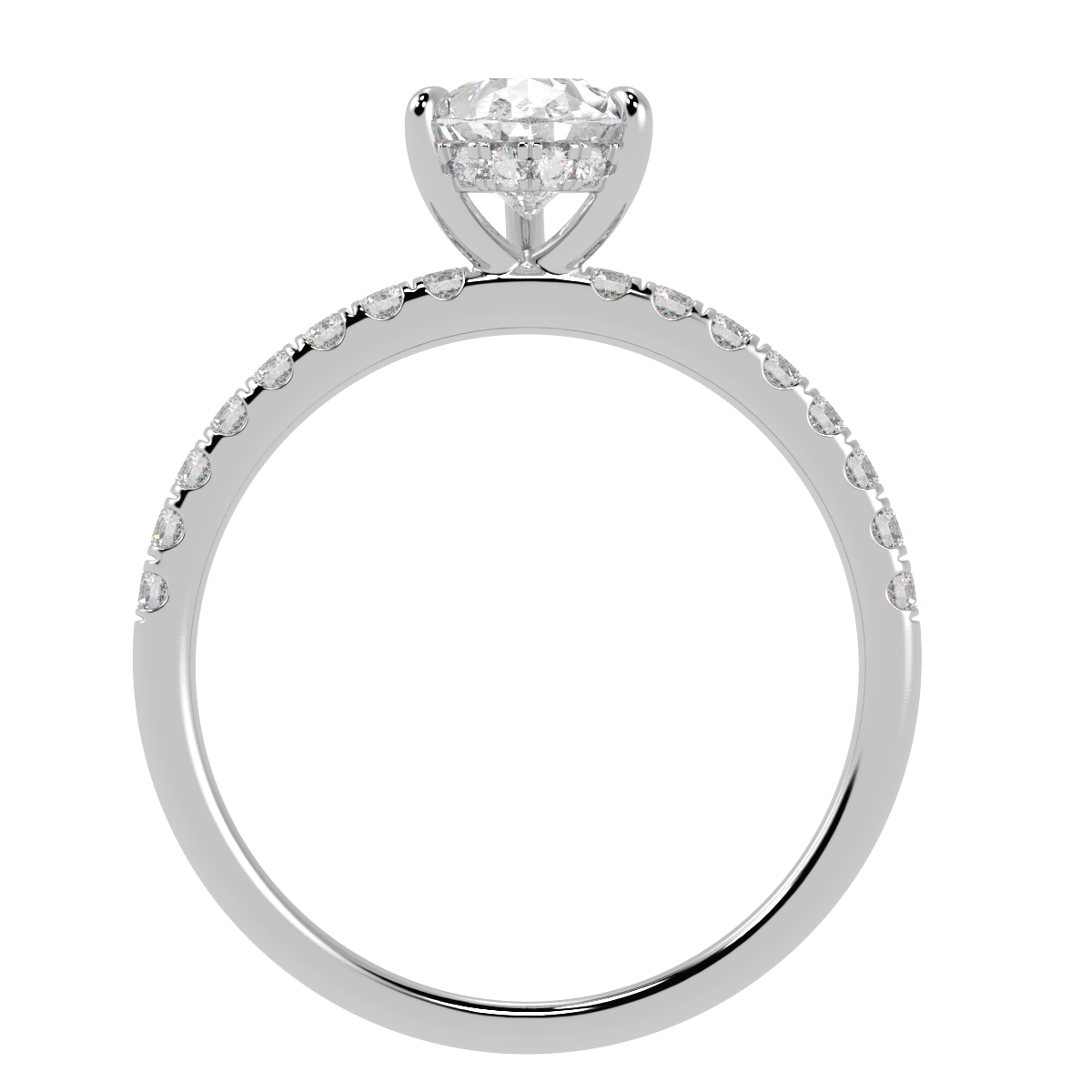 Pear Cut Studded Hidden Halo Ring in white gold or platinum, flat view