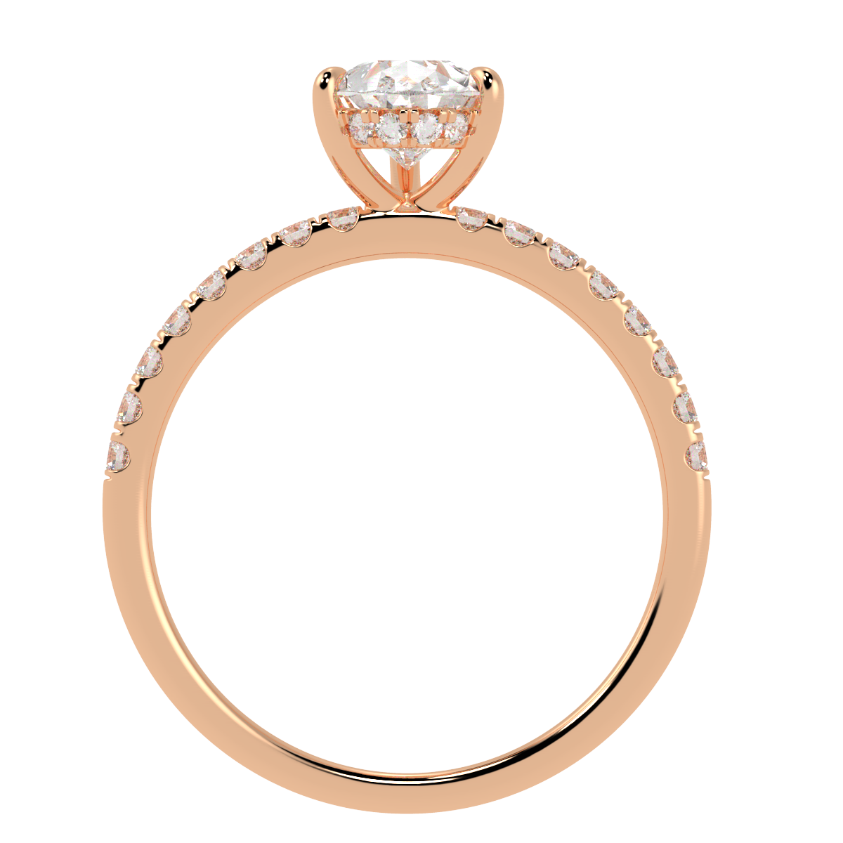 Pear Cut Studded Hidden Halo Ring in rose gold, flat view