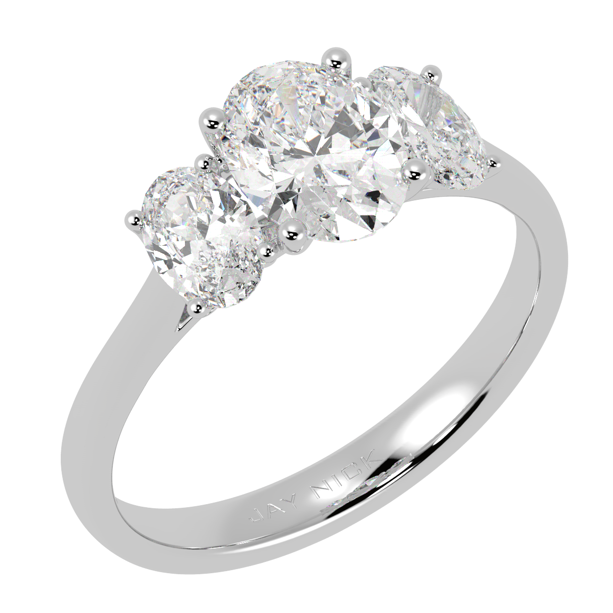 Oval Cut Trilogy Ring in white gold or platinum, perspective view