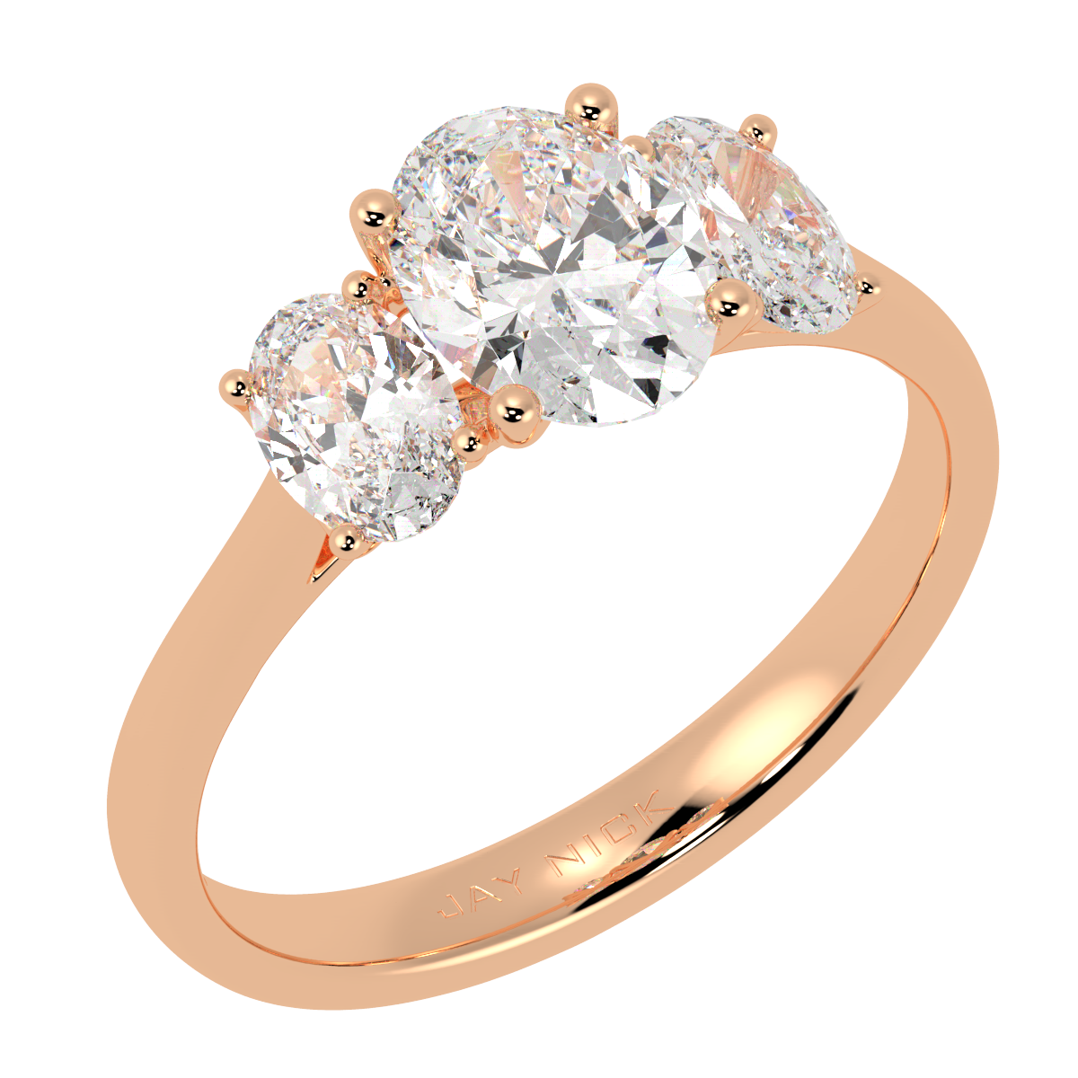 Oval Cut Trilogy Ring in rose gold, perspective view