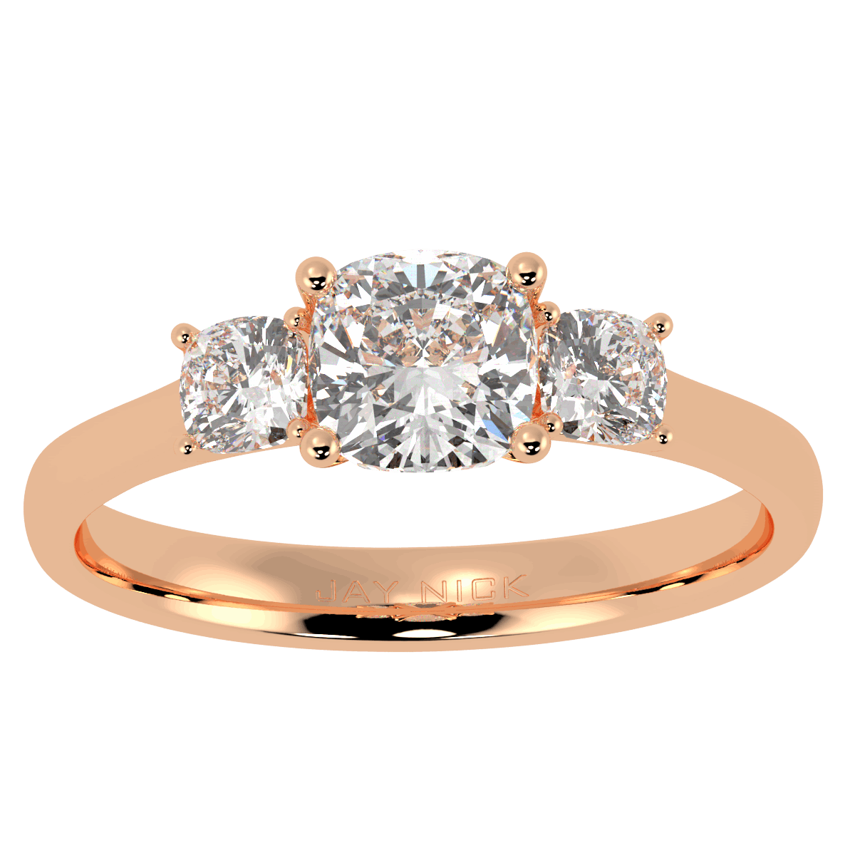 Cushion Cut Trilogy Ring in rose gold, top view