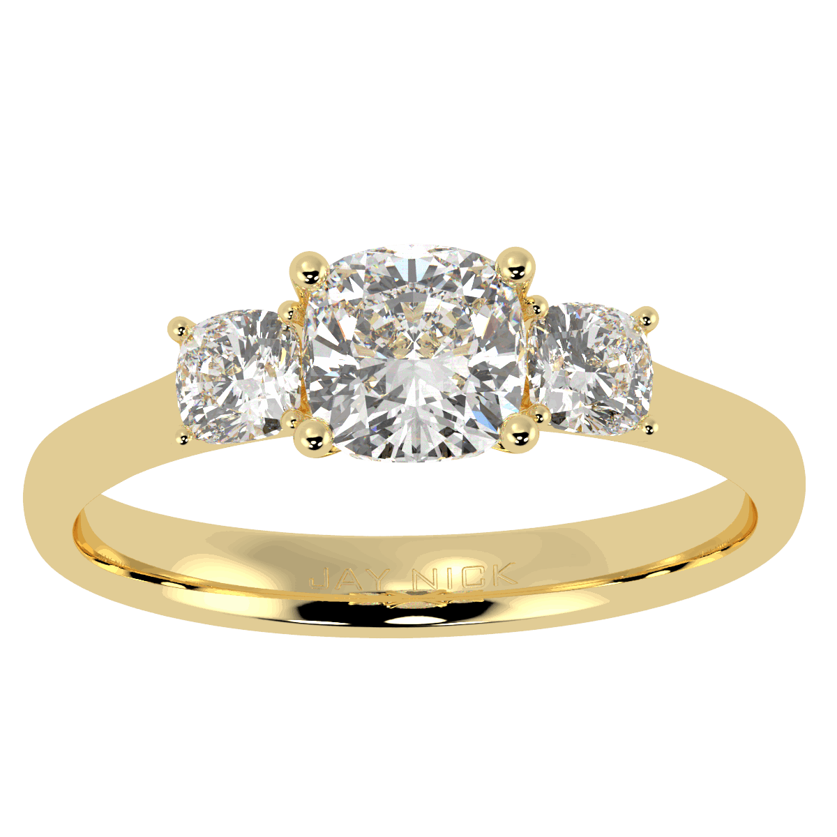 Cushion Cut Trilogy Ring in yellow gold, top view