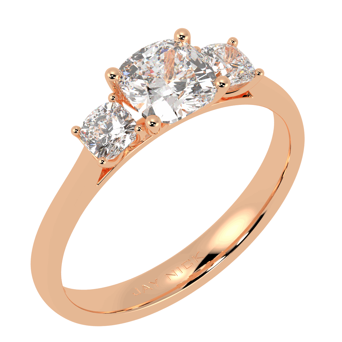 Cushion Cut Trilogy Ring in rose gold, perspective view
