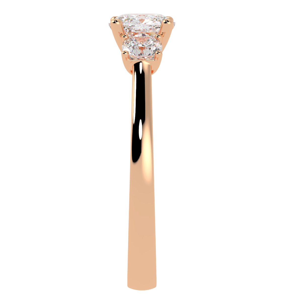 Cushion Cut Trilogy Ring in rose gold, side view