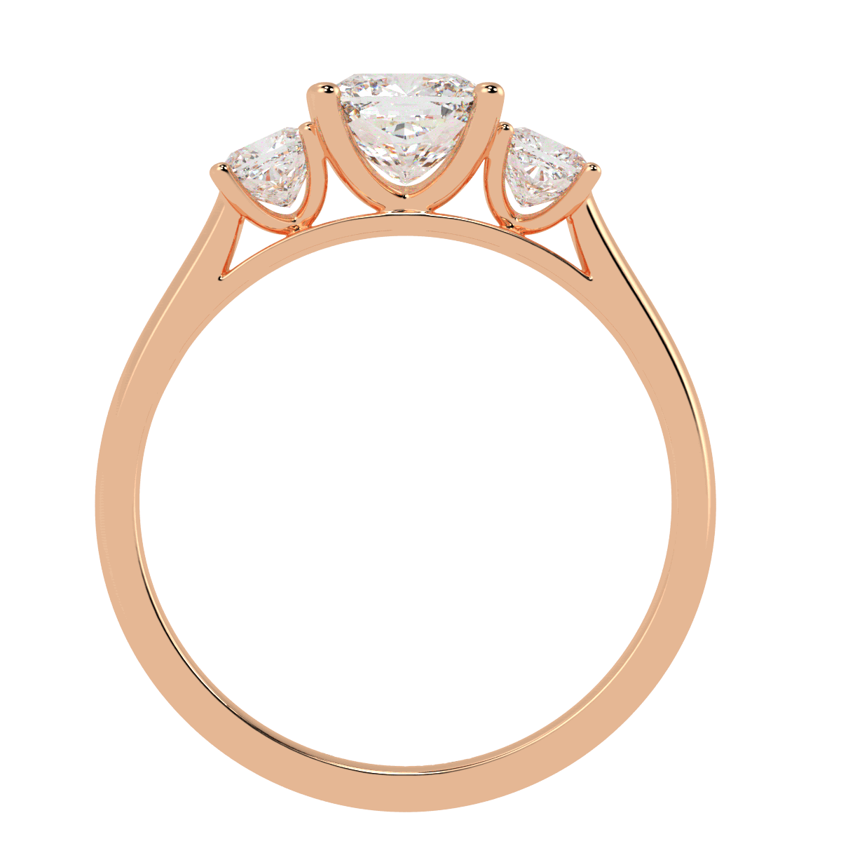 Cushion Cut Trilogy Ring in rose gold, flat view