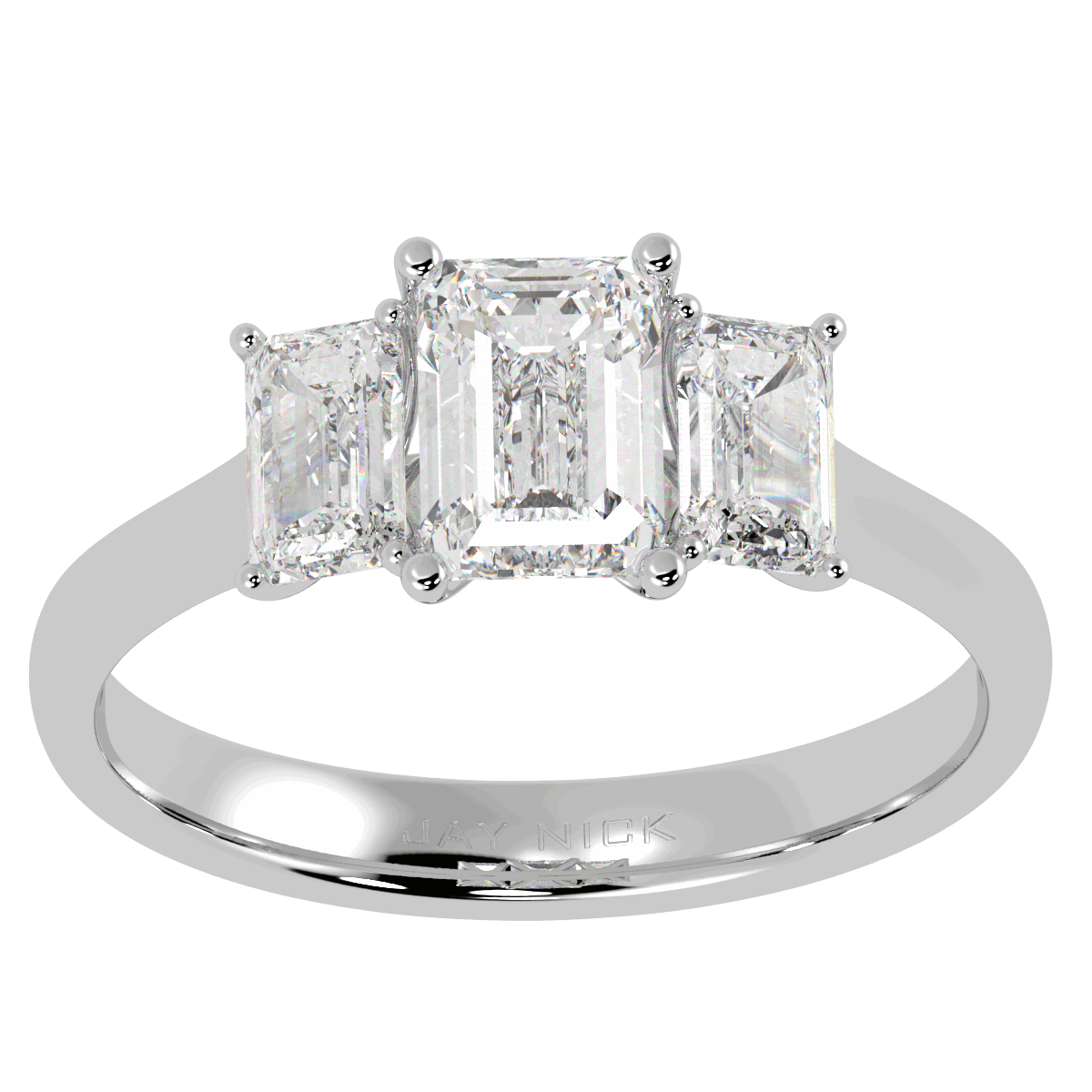 Emerald Cut Trilogy Ring in white gold or platinum, top view