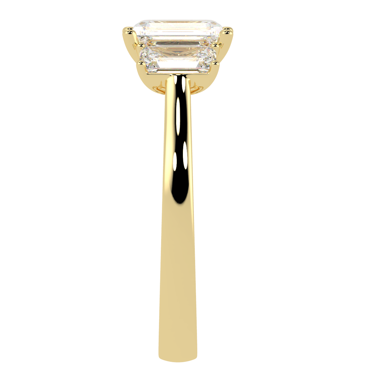 Emerald Cut Trilogy Ring in yellow gold, side view