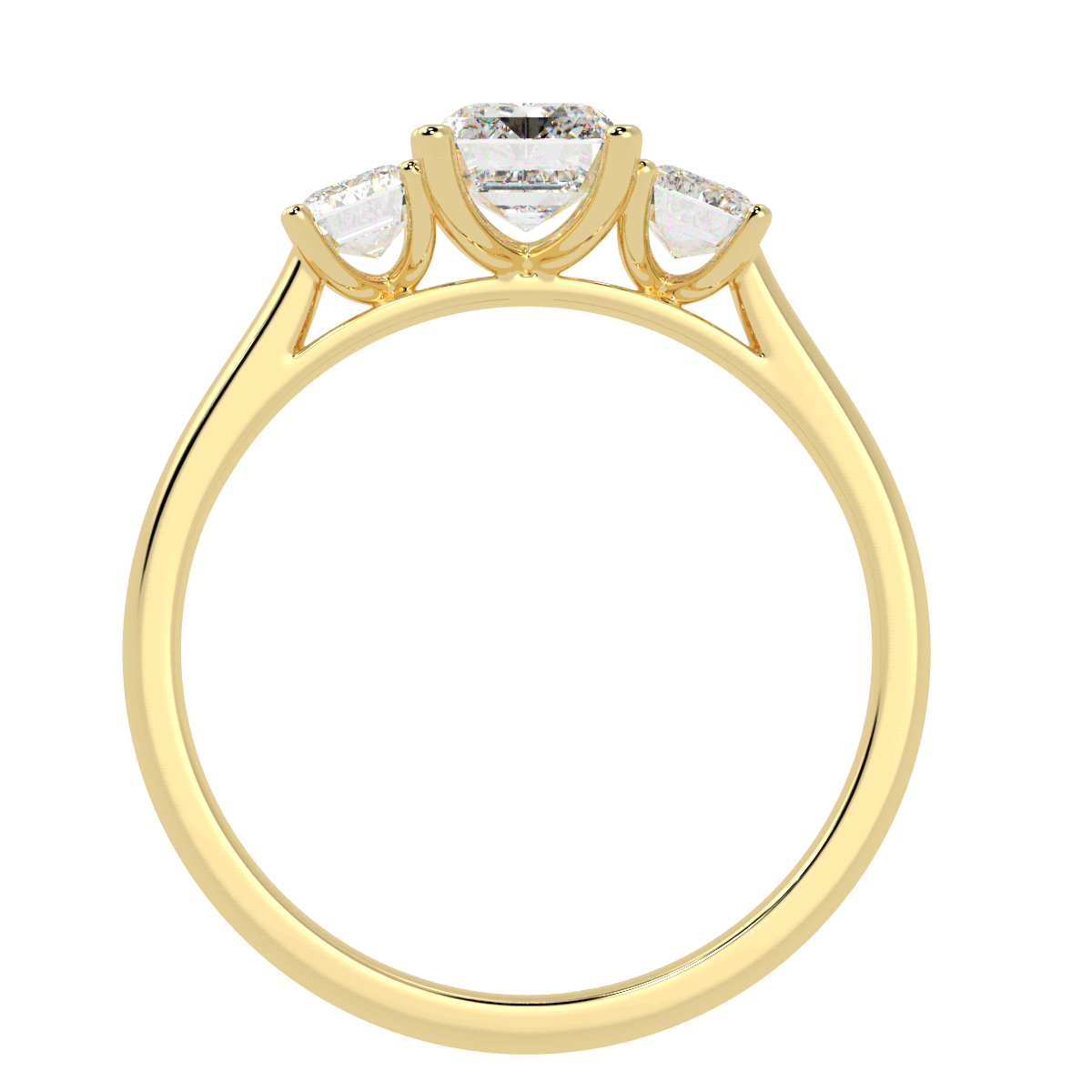 Emerald Cut Trilogy Ring in yellow gold, flat view