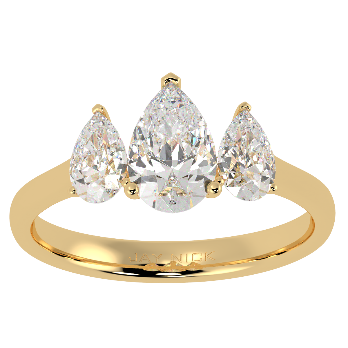 Pear Cut Trilogy Ring in yellow gold, top view
