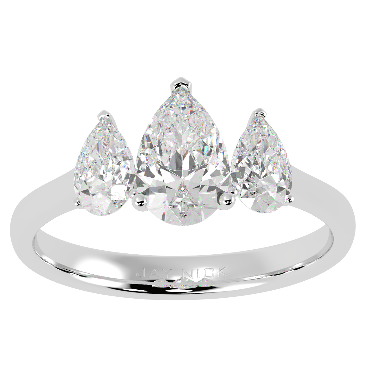 Pear Cut Trilogy Ring in white gold or platinum, top view