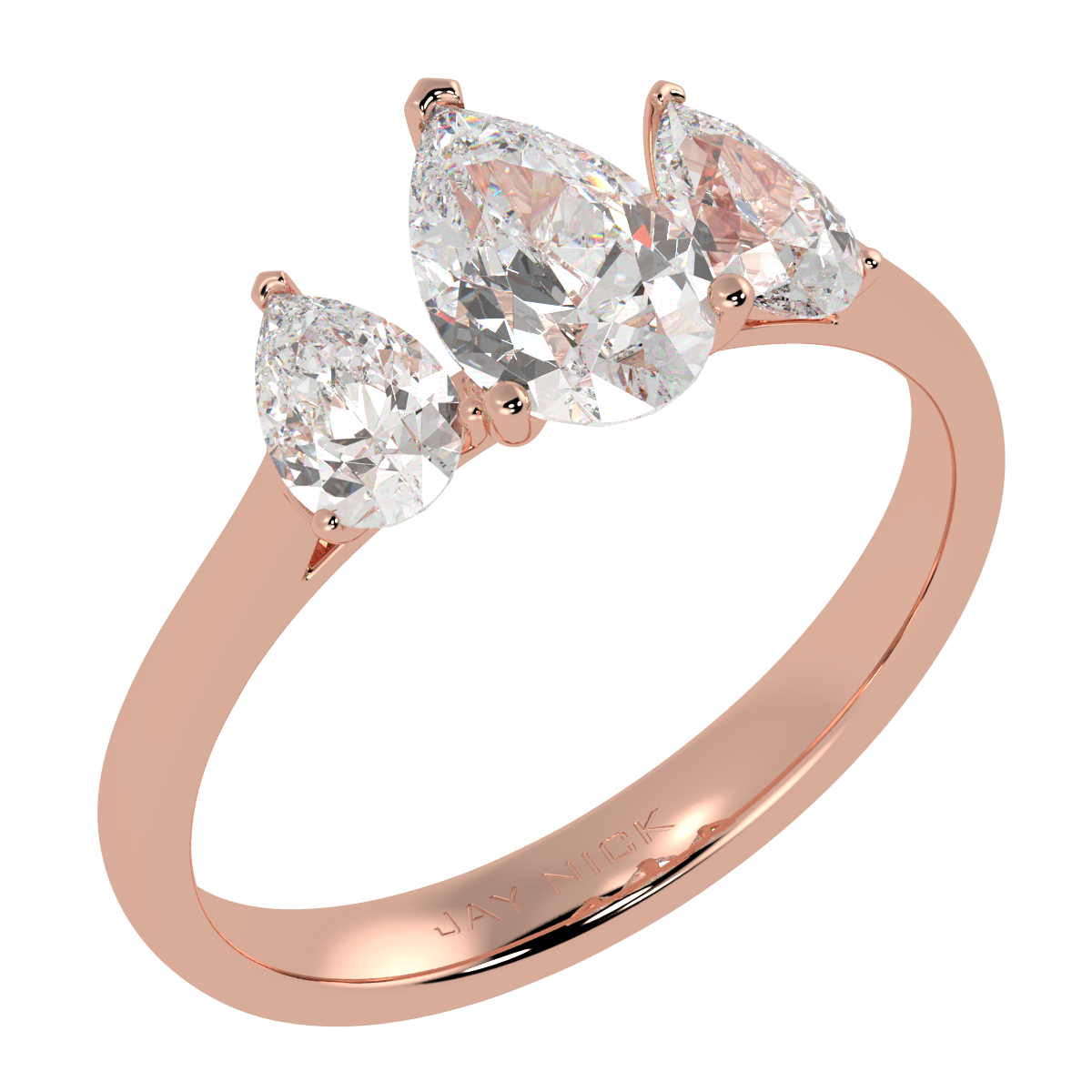 Pear Cut Trilogy Ring in rose gold, perspective view