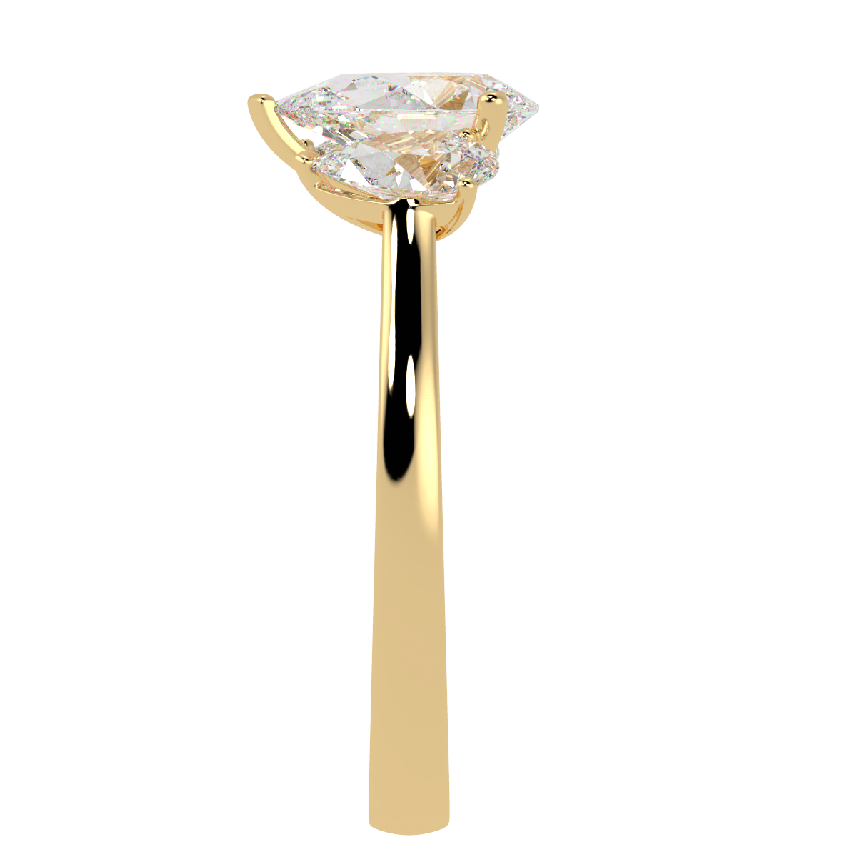 Pear Cut Trilogy Ring in yellow gold, side view